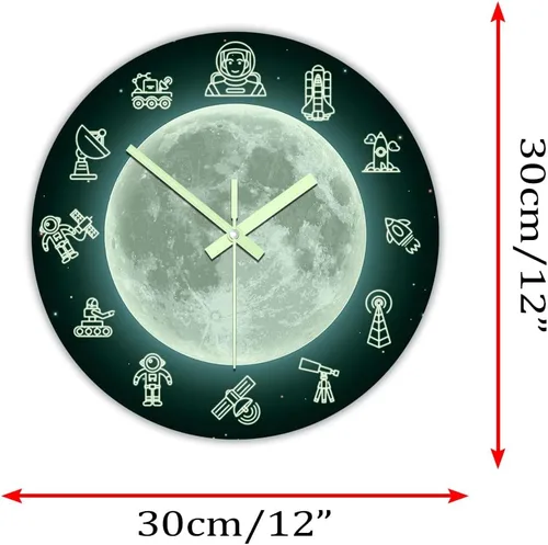 Miniatura 7 de The Geeky Days Reloj de pared que brilla en la oscuridad, diseño de luna de viaje espacial de 12 pulgadas, moderno, luminoso, silencioso y luminoso