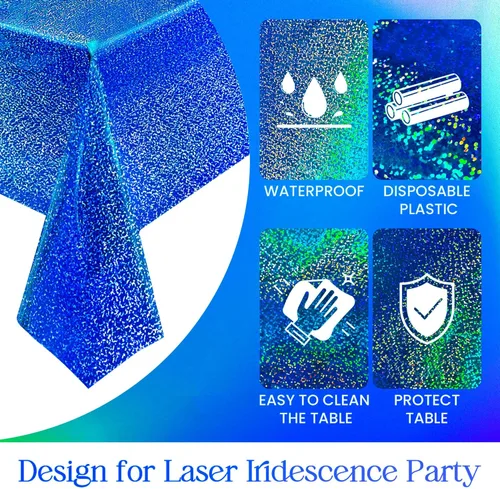 Miniatura 5 de 4 piezas de mantel de fiesta azul real holográfico de 40" x 108" con iridiscencia, mantel de plástico azul marino brillante para graduación, 4