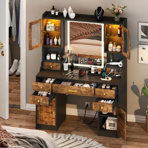 Miniatura 8 de Mesa de tocador con espejo LED y estantes organizadores de maquillaje giratorios 360, tocador de maquillaje blanco con luces y estación de carga