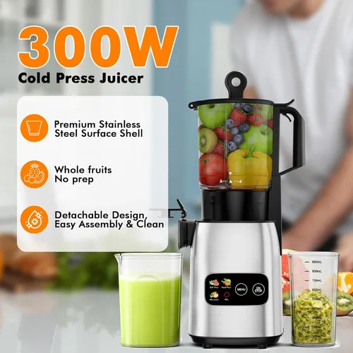 Miniatura 2 de Kismile Exprimidor de prensa en frío de 300 W, conducto de alimentación de 5.4 pulgadas de ancho, máquinas exprimidor de masticación lenta