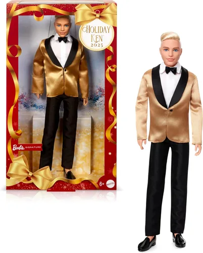 Barbie Signature 2025 Holiday Blonde Ken - Muñeca coleccionable a la moda con traje completo con chaqueta dorada en embalaje exhibible y soporte
