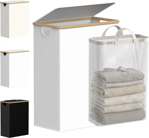 Miniatura 35 de efluky Cesta de lavandería con tapa y bolsa extraíble, cesta de lavandería de 100 litros de alto con asas de bambú, papelera estética para ropa Gris