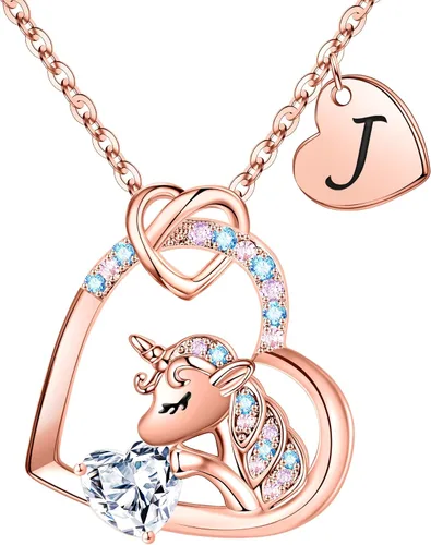 IEFRICH Regalos de unicornios para niñas, collares de unicornio con corazón de circonita cúbica para mujeres y niñas, collares con inicial, joyería