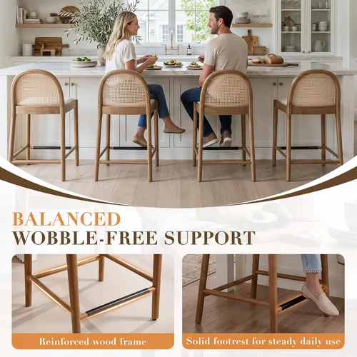 Miniatura 5 de DUOMAY Juego de 2 taburetes de mostrador modernos de ratán beige, 26 pulgadas de altura - Taburetes de bar de madera tapizados en lino con respaldo