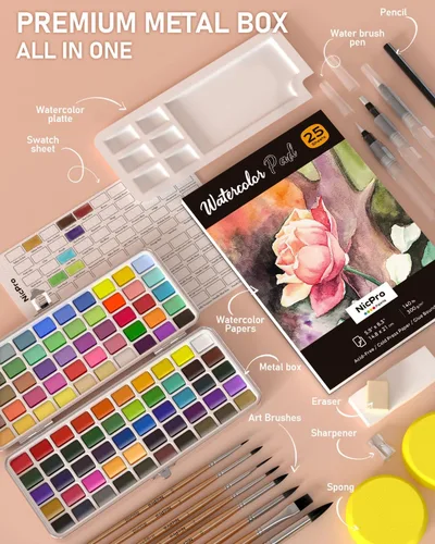 Miniatura 2 de Nicpro Juego de pintura de acuarela de 100 colores, macarrón metálico y fluorescente, 8 pinceles sintéticos de ardilla, 25 papel de acuarela