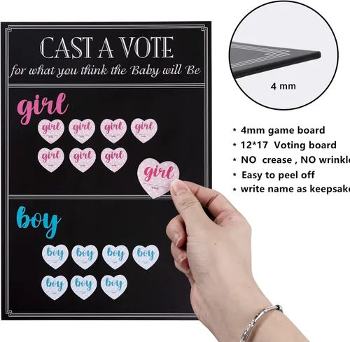 Miniatura 3 de Juego de mesa para revelar el género del bebé con 144 calcomanías de voto para niña o niño, cartel de voto con soporte, diseño de pizarra