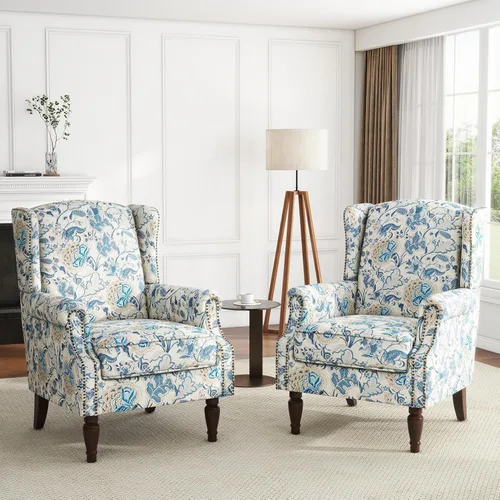 Miniatura 28 de Silla de Acento de Respaldo Alto, Sillón Tapizado en Tela para Sala de Estar, Sillón Wingback con Estampado Floral con Patas de Madera Maciza, Sofá