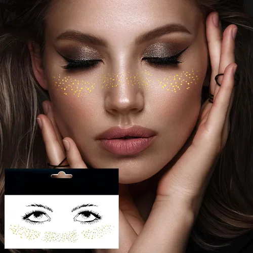 1 hoja de calcomanías de maquillaje de cara de pecas falsas metálicas metálicas doradas para tatuajes temporales, impermeables, brillantes, arte