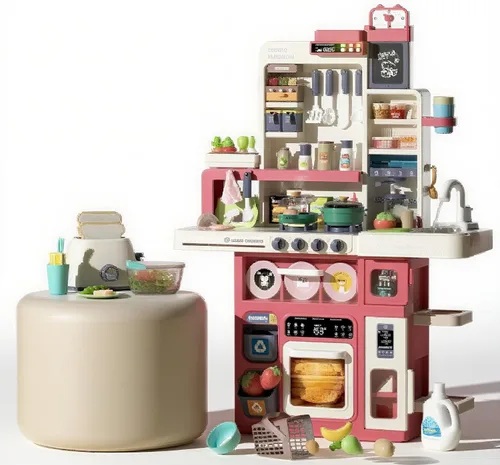 Serena&Jewel Juego de cocina con 63 piezas, juego de accesorios de juguete con sonidos reales y luz, fregadero de juego, estufa de cocina con vapor
