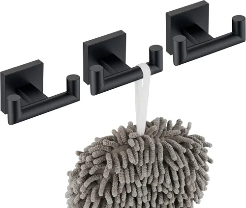 KOKOSIRI Gancho para bata de baño, doble gancho para toallas y abrigos, color negro mate para baño, cocina, montaje en pared, paquete de 3 unidades,