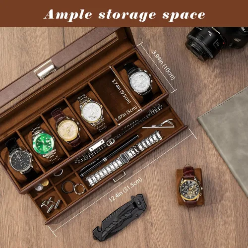 Miniatura 2 de ProCase Caja para reloj, caja de exhibición de 6 ranuras con cajón, caja de reloj para hombre con tapa de vidrio, organizador de almacenamiento
