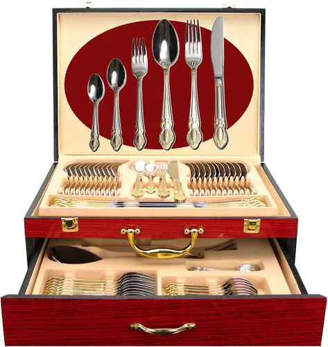 Miniatura 11 de Juego de cubiertos de lujo de 75 piezas para 12 con estuche de almacenamiento de madera, servicio de cubiertos de comedor de alta calidad, cubiertos