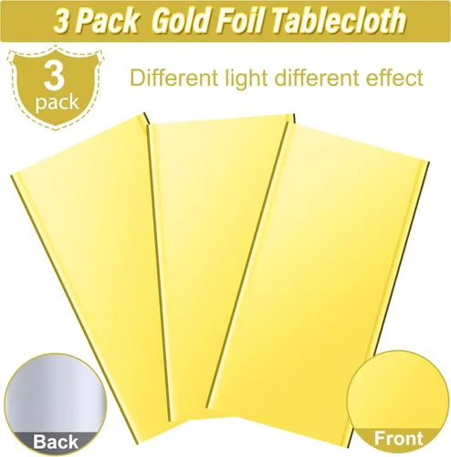 Miniatura 4 de Paquete de 3 manteles de plástico dorados, fundas rectangulares desechables, manteles de aluminio metálico holográfico, suministros de fiesta