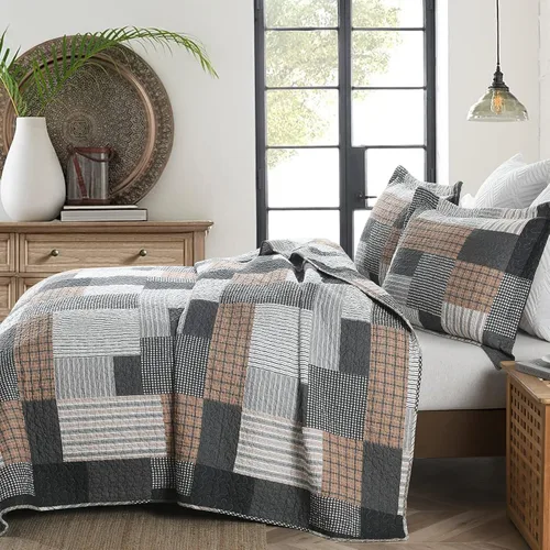 Miniatura 3 de Y-PLWOMEN - Juego de cama tamaño king de 3 piezas con edredón de algodón, colcha ligera a cuadros estilo granja, tamaño king, acogedora, reversible