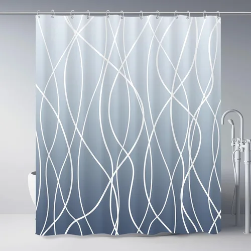 Miniatura 27 de Juego de cortinas de ducha azul egeo para baño con ganchos, cortinas de baño decorativas repelentes al agua y lavables con rayas blancas, 72 x 72