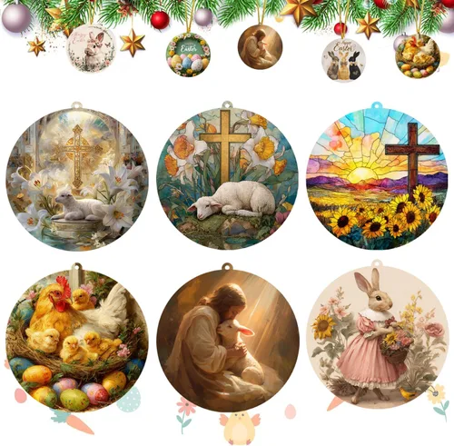 Miniatura 8 de 6 adornos colgantes de Pascua para árbol He is resucitado, decoración de árbol pequeño de Pascua, decoración cristiana de primavera para el hogar