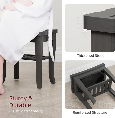 Miniatura 4 de Banco de ducha de bambú, taburete de ducha pequeño de spa para ducha interior, impermeable, asiento de baño con estante de almacenamiento para Negro