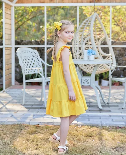 Miniatura 5 de Vieille Vestido de verano para niñas pequeñas, con volantes, sin mangas, casual, vestido de playa, escalonado, vestido de princesa para 2-8 años