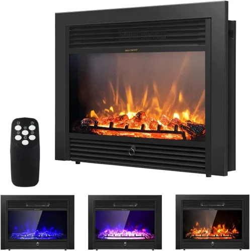 LDAILY Chimenea eléctrica de 28 pulgadas, empotrada, llama de 3 colores, 5 brillo, temporizador de 8 horas y control remoto, calentador