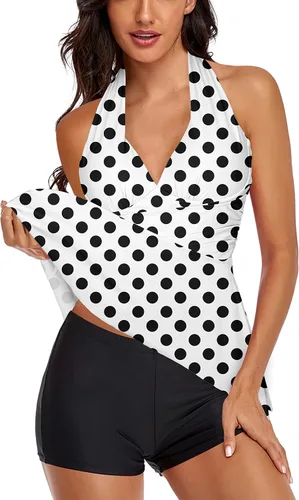 Miniatura 2 de Traje de baño tankini halter para mujer, de dos piezas, con control de abdomen, cuello en V, fluido con pantalones cortos