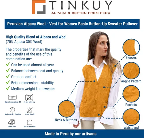 Miniatura 5 de TINKUY Chaleco peruano de lana de alpaca con cuello en V y rombos para mujer, S-4XL