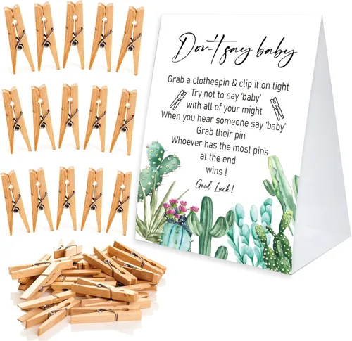 Miniatura 15 de Juego de pinzas para la ropa de baby shower, un cartel de papel recubierto de 5 x 7 pulgadas y 50 pinzas naturales para la ropa, baby shower