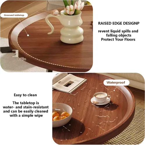 Miniatura 5 de Mesa auxiliar redonda pequeña, superficie de madera y patas de metal resistentes con estriado, mesa auxiliar para sala de estar, dormitorio