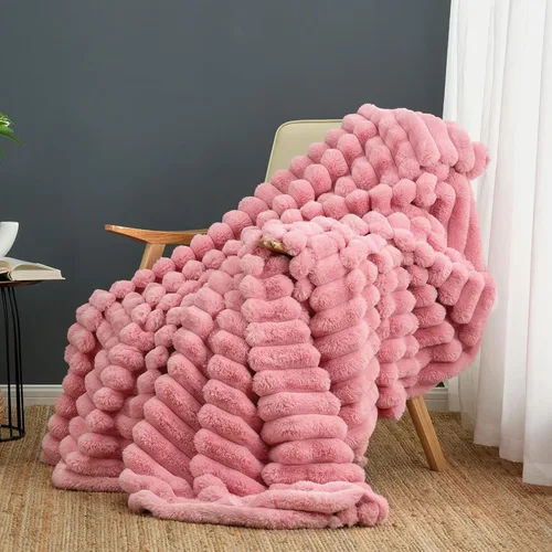 Miniatura 12 de Cozy Bliss Manta de Tiro de Piel Sintética para Sofá, Manta de Felpa Acogedora y Cálida a Rayas para Sofá Dormitorio Sala de Estar, 50 x 60 Pulgadas