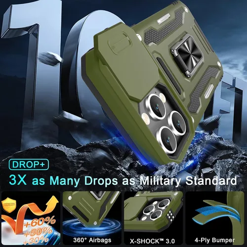 Miniatura 379 de DEERLAMN Funda para iPhone Xs Max con funda deslizante para cámara + protector de pantalla, soporte giratorio de anillo de grado militar a prueba