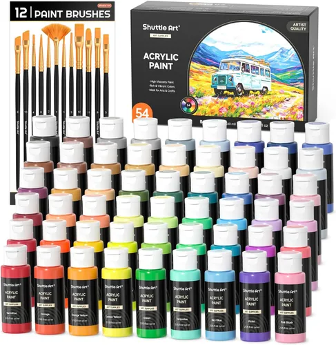 54 Colores Pintura Acrílica, Juego de Pintura Acrílica Shuttle Art con 12 Pinceles, Botellas de 2 oz/60 ml, Pinturas Ricas en Pigmentos, Resistente