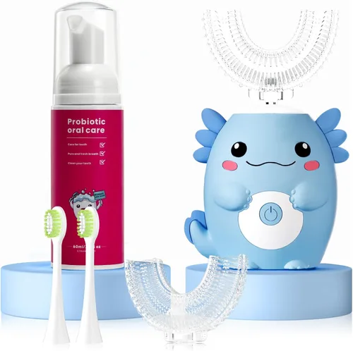 Miniatura 11 de Cepillo de dientes eléctrico en forma de U para niños, dinosaurio sónico, de boca completa, con 4 cabezales de cepillo suave, automático, 6 modos