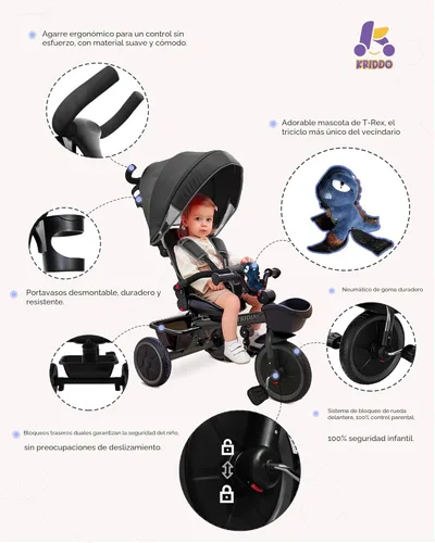 Miniatura 5 de KRIDDO Carrito de triciclo 7 en 1 para niños pequeños de 18 meses a 5 años, mango de empuje ajustable, asiento giratorio, portavasos y toldo