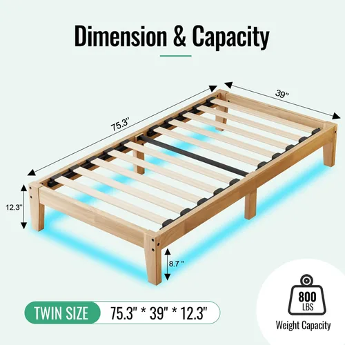 Miniatura 2 de Cama de plataforma de madera maciza de tamaño individual con luz LED, diseño sin ruido con soporte de listones de metal y madera, no necesita