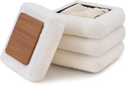 Miniatura 11 de Wimarsbon Otomana redonda de almacenamiento, moderno reposapiés de sherpa, taburete de tocador de peluche con bandeja abatible, silla de maquillaje