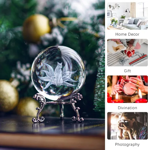 Miniatura 5 de HDCRYSTALGIFTS Bola de cristal 3D con soporte - 60 mm Escultura de zorro de nueve colas tallada con láser de vidrio Esfera completa artística Bola