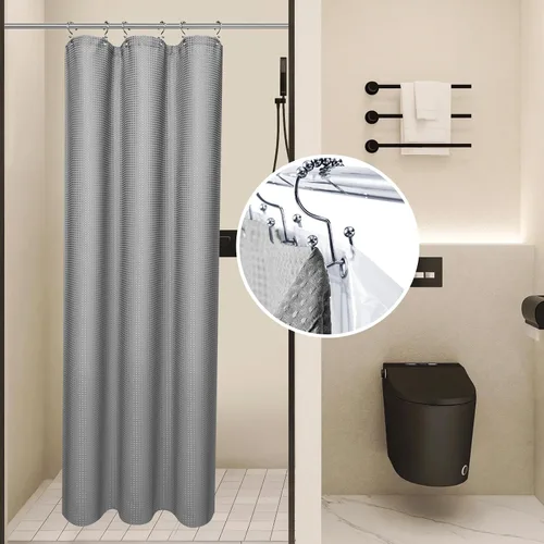 Miniatura 19 de LaCyan Cortina de ducha impermeable de punto gofre, juego de 3 piezas resistente de 258 GSM con forro transparente y 12 ganchos de acero inoxidable