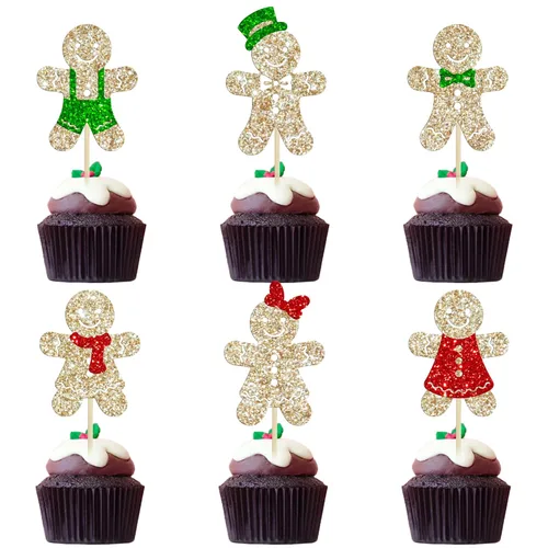 Gyufise 24 piezas Adornos para cupcakes de jengibre de Navidad con purpurina, adornos para cupcakes de jengibre para revelar el género, púas para