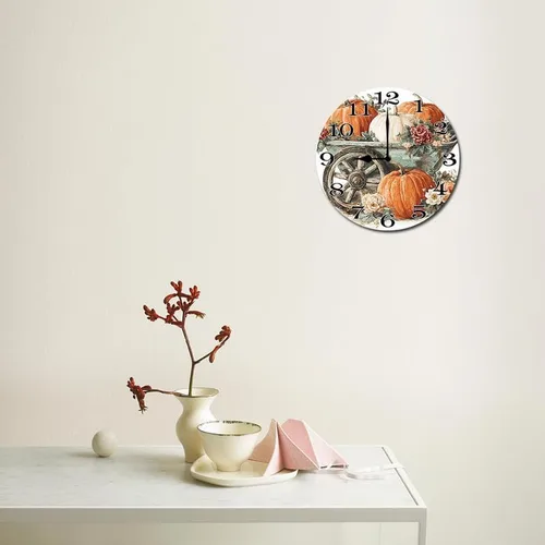 Miniatura 5 de Reloj colgante de madera con parche de calabaza, reloj de pared redondo de madera, silencioso, sin tictac, funciona con pilas, números arábigos