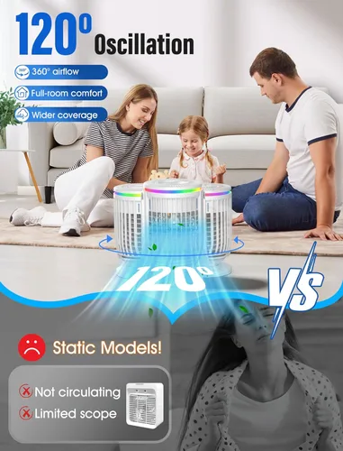 Miniatura 3 de Aire acondicionado portátil, ventilador con función de rotación de 120°, mini aire acondicionado evaporativo JYew para habitación, enfriador de aire