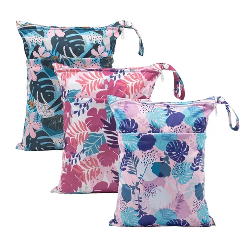 Miniatura 21 de babygoal Bolsas para artículos húmedos y secos, paquete de 3, bolsas de viaje reutilizables impermeables para trajes de baño, pañales de tela