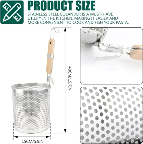 Miniatura 2 de Colador de acero inoxidable con mango de madera, colador de pasta para fideos, colador de cocina versátil para colar, freír, cocinar al vapor