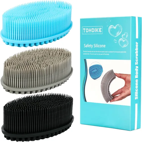 Miniatura 10 de TDHDIKE Esponja de silicona para el cuerpo, juego de 3 esponjas suaves exfoliantes para baño y ducha, cepillo para niños sensibles, mujeres