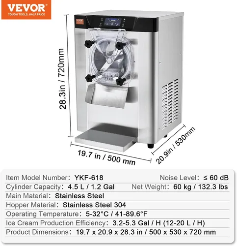 Miniatura 7 de VEVOR Máquina Comercial para Hacer Helados, Rendimiento de 12 L/H, 1713W Máquina para Helados Duros de Un Solo Sabor de Encimera, Cilindro de Acero