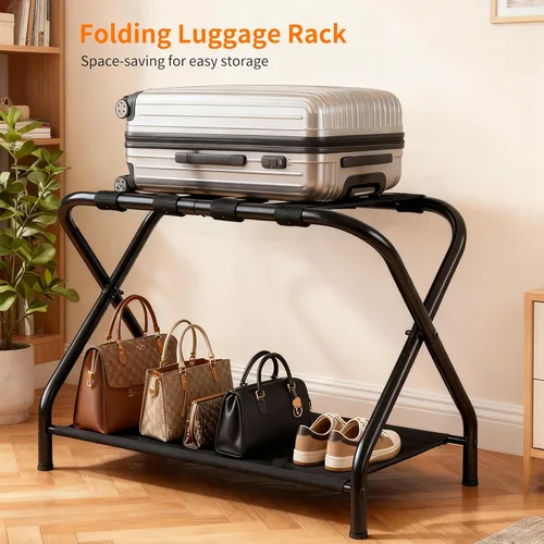 Miniatura 6 de Heybly Portaequipajes, paquete de 2, soporte plegable de acero para maleta con estante de almacenamiento para dormitorio, hotel, marco de acero