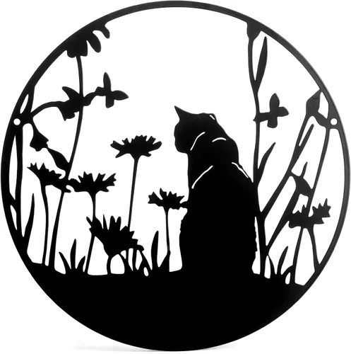 SwallowLiving Decoración de silueta de gato negro de metal de 13.4 x 13.4 pulgadas, arte de pared de corte láser, elegante regalo de gato negro para