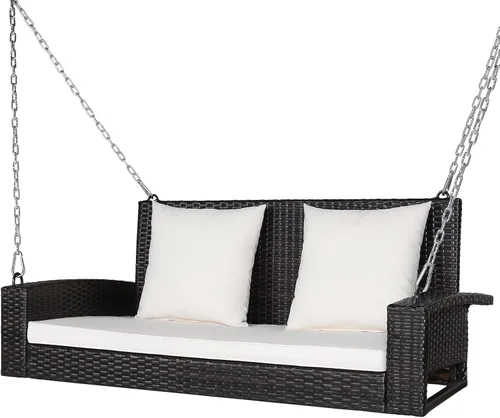 Miniatura 7 de DORTALA Columpio colgante para porche, banco de mimbre para 2 personas con cojines, cadenas de acero de 7.9 pies para jardín, patio, terraza y Negro