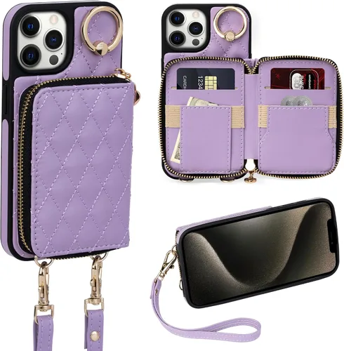 Miniatura 37 de Funda tipo cartera para iPhone 15 de 6.1 pulgadas, bolso cruzado con cremallera y correa para la muñeca con cordón para mujer, tarjetero con bloqueo