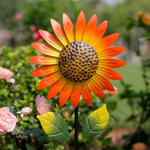 Miniatura 2 de Viveta Paquete de 2 molinillos de viento de girasol de metal para exteriores, escultura de viento decorativa cinética con estaca resistente