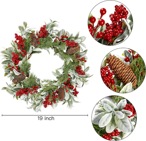 Miniatura 6 de Sggvecsy Corona de Navidad artificial de 19 pulgadas para puerta delantera, corona de orejas de cordero flocado con bayas rojas, agujas de pino