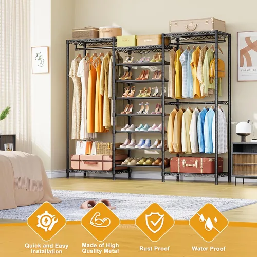 Miniatura 3 de ULIFHOME E16 - Perchero de ropa resistente (con zapatero ajustable de 7 niveles), perchero independiente para colgar ropa, organizador